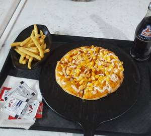 1 single topping pizza+fries+150 ML Fruti