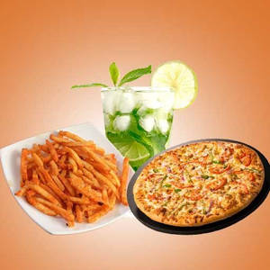 Small Pizza In Supreme Dine + Garlic Bread + Fries +750ml Cold Drink