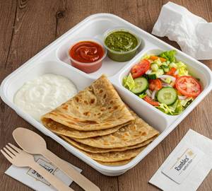 Egg Paratha (02 Pcs) - With Curd, Tomato Sauce, Pickle, Green Chutney & Salad.