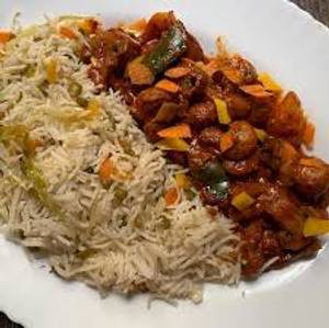 Mushroom chilli half + veg fried rice half