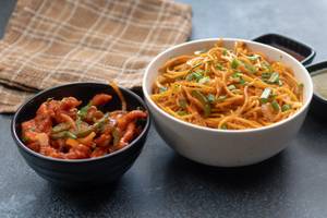 Veg schezwan noodles with dragon chicken