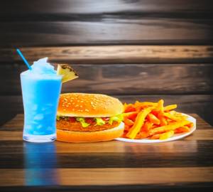 Aloo tikki burger + french fries + mocktail any