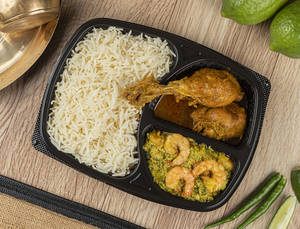 "basmati Rice+chicken BHUNA (2 Pcs)+kochupatta  CHINGRI Tray"
