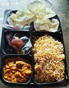 Sambar Rice + Veg Birynai + Onions Lemon + Raita+ Gilab Jamun + Papad