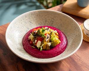 Roasted Veggies, Microgreens & Beetroot Hummus Salad