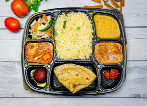 Jeera Rice + 2 Roti + Dal Tadka + Paneer Sabji + Seasonal Veg + Salad + Aachar