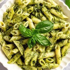 Pesto Sauce Pasta With Black Olives