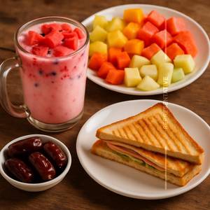 Mohabath sarbath + cut fruit +dates + sandwich