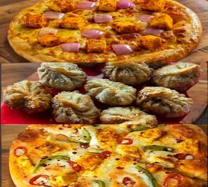 Veg Paneer Pizza [8 Inches] + Paneer Cheese Pizza [8 Inches] + Fry Veg Momos [6 Pieces]