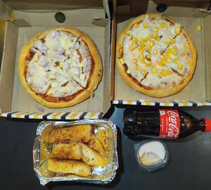 Onion & Paneer Pizza+ Yellow Corn Pizza+stick garlic bread+Soft Drinks
