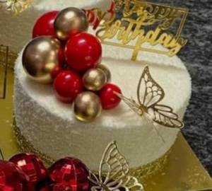 Anniversary Special Butterfly And Red Golden Ball Decoration Vanilla Cake