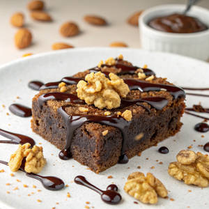 Walnut Brownie With Chocolate Sauce