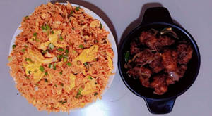 EGG SZECHUAN FRIED RICE WITH CHILLI CHICKEN DRY