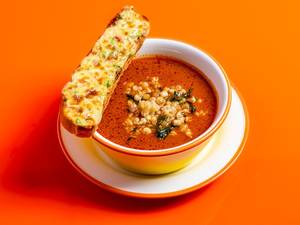 Tomato Soup With Tempura Boondi And Cheese Toast