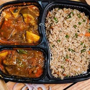 Veg Fried Rice With Chicken Currry And Pork Curry