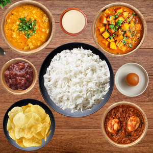 Thali Rice Dal Sabji Vaja Egg Curry