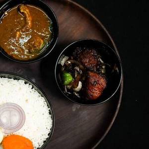 Plain Rice With Chicken Dry Fry And Chicken Curry