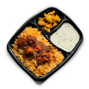 Boneless Chicken Biryani, Popcorn Kebab & Raita