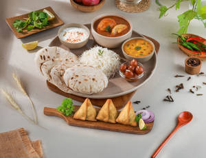Homestyle Egg Curry Feast Thali + 3 Mini Samosas