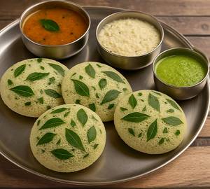 Curry Leaves Idali (5 Pcs) + Sambar + 3 Chutneys