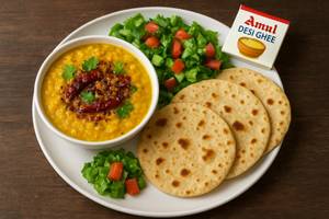 Dal Tadka Butter Veg Raita ,salad With 4 Amul Desi Ghee Chapati