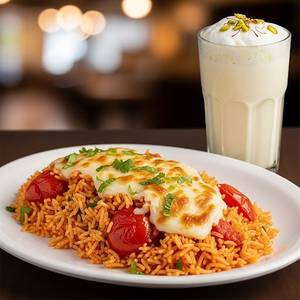 Cheese Tomato Pulav (Hlaf ) + Sweet Lassi
                                       