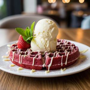 Red Velvet Waffle with Vanilla Ice Cream