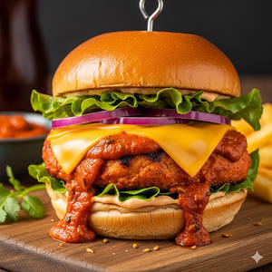 Chicken burger with tandoori sauce & cheese