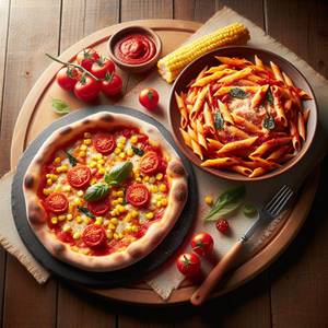 Tomato And Corn Pizza [7 Inches] + Red Sauce Pasta                           