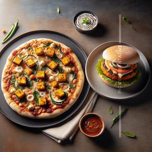 Paneer Tikka Pizza + Aloo Tikki Burger