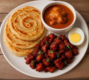 Porotta + Chicken Chilly + Boiled Egg+ Chicken gravy