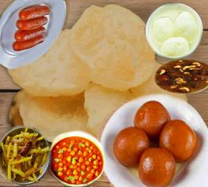 Luchi 4Pcs +Aloo Vaja+Masala Ghugni+Chutneym+Rosogolla 2Pcs+Gulab Jamun 2Pcs+Soft Langcha( 2Pcs)