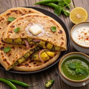 4 Aloo Pyaz Paratha + Achar + Raita + Chutney + Ketchup