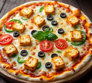 Tomato cheese jalipino black olive oil paneer pizza