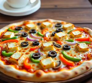 Vegetable cheese jalipino black olive oil paneer pizza