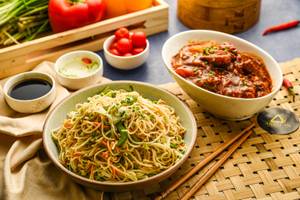 Veg Hakka Noodles (half) & Baby Corn Hot Garlic (half)