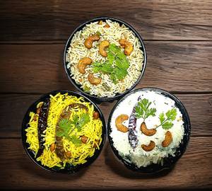 Veg Fried Rice, Pulihora, Curd Rice