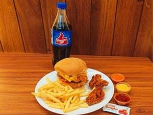 Chicken Jumbo Classic Burger, 2pc Wings, Fries S And Thums Up