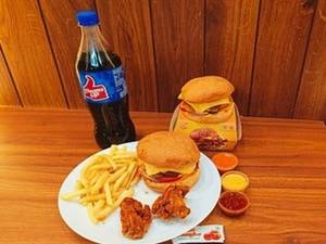 2 Chicken Crispy Schezwan Burger, 2pc Wings, Fries S And Thums Up