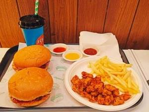2pc Chicken Burger, 20pc Chicken Popcorn, Fries S And Curacao Mocktail