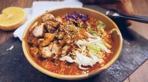 Korean Cheese Fire Ramen Bowl Meal With Momos And Coca Cola