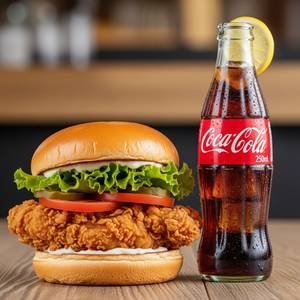 Crispy chicken burger with coke soft beverage 250 ml