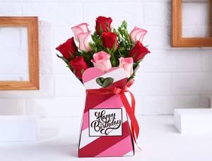 Red and Pink Roses in a Birthday Box