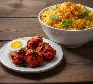 Biriyani Rice, Chicken Chilli, Chicken Chilli, Boiled Egg -1