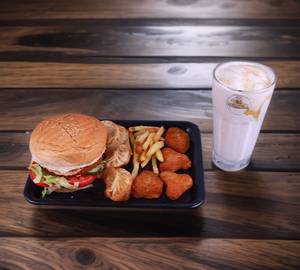 1 chicken  burger 5  pieces chicken  fried momo 1 belgium chocolate shake