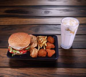 1 chicken  burger  +  3 chicken  fried momo  +  3 chicken  nuggeta  +  1 vanila shake