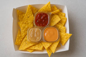 Nachos With Hummus, Red Salsa & Cheese Dip