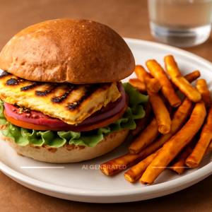 Grilled Paneer Burger Whole Wheat With Sweet Potato Fries