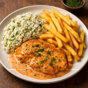 Creamy Cajun Chicken With Herb Rice & Fries