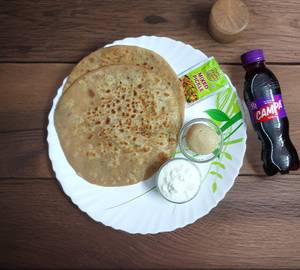 Aalu paratha (2 pieces) with dahi, pickle, sweet & campa.